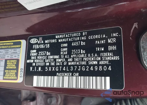 2018 Kia Optima Lx z USA, uszkodzony, nr VIN 5XXGT4L37JG249804